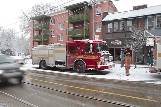 A man in his 60s is dead after a fire in a Queen Street East apartment just east of Glen Manor on Christmas morning. The fire, which was contained to the fourth floor apartment where the victim lived, was not weather-related. The fire marshal’s office is investigating. PHOTO: Phil Lameira