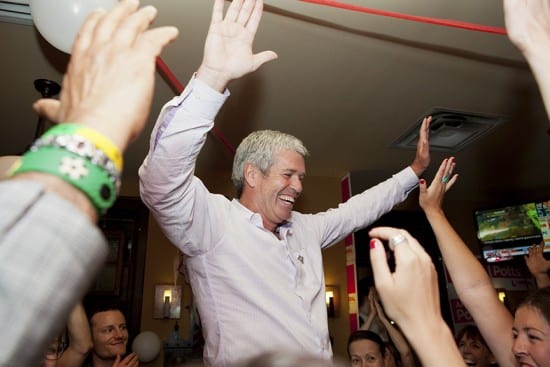 Arthur Potts celebrates his win in the Beaches-East York provincial riding on June 12 at Murphy's Law Pub. PHOTO: Phil Lameira