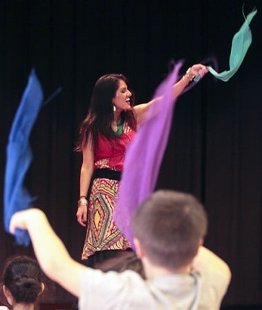 Dancer Krystal Kiran of Cornerstone Studio leads Bowmore students in a Bollywood-style dance at the Bowmore Multicultural Potluck on Nov. 20. PHOTO: Andrew Hudson