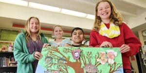 From left, Seannie Gibb, Delaney Archibald, Umer Akhter and Maija Rix show the family tree backdrop they used to shoot their short film, Bad Apples Gone Good. The film is up for a TVO Kids Choice Award and will screen at 1:30 p.m. on April 21 at the TIFF Bell Lightbox as part of the Jump Cuts contest for young filmmakers held during the TIFF Kids International Film Festival.