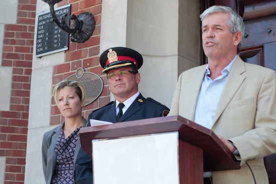 From right, MPP Arthur Potts is joined by Waterloo police superintendent Pat Dietrich and analyst Ashley Sametz during a funding announcement for Ontario's Hate Crimes and Extremism Investigative Team (HCEIT), a joint effort by 15 Ontario police agencies. PHOTO: Andrew Hudson