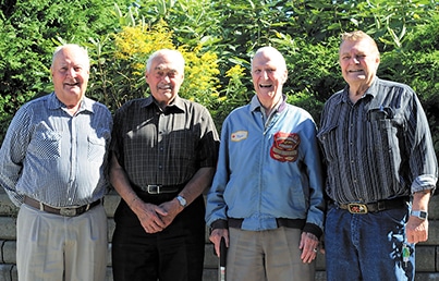From left, veterans Doug Smith, Joe Gagne, Myer Goobie and Pieter Zuber get together outside the Royal Canadian Legion on Dawes Road before the start of Legion Week. Missing from the photo is Jean Eade, a former British Army nurse and long-time member of the Branch 11 Legion. PHOTO: Andrew Hudson