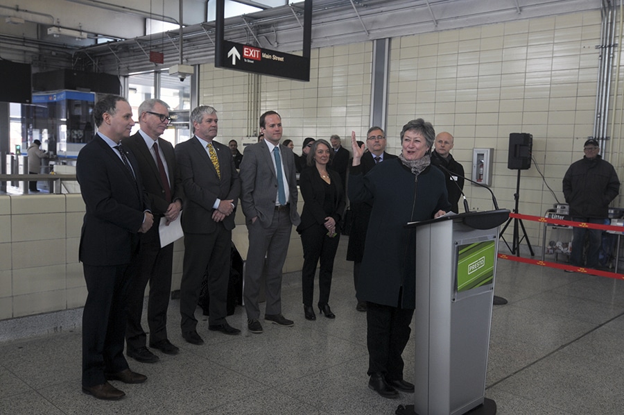 Ward 31 councillor Janet Davis speaks at the official opening of the Main Street Presto fare gates April 8, 2016.