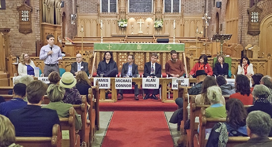 Ten candidates running for city councillor in Ward 32 spoke at an Oct. 7 debate hosted at St. John's Norway by Community Centre 55 and Beach Metro News. From left to right are candidates Carmel Suttor, Sean Dawson, Michael Connor, James Sears, Alan Burke, Eric De Boer, Maria Garcia, Mary-Margaret McMahon and Sandra Bussin. PHOTO: Phil Lameira
