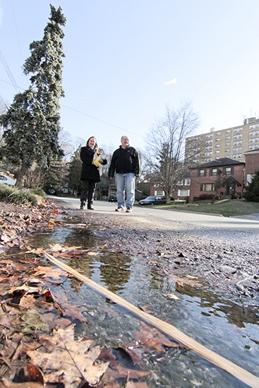 Neighbours Susan Sullivan and Herman Franch stand on Glen Davis Crescent, where ground water is leaking steadily on both sides of the road and, in colder weather, freezing into large ice sheets covering up to half the width of the road. The city’s transportation and water divisions are investigating to see how they can keep the road clear of ice and to find the source of the water. PHOTO: Andrew Hudson