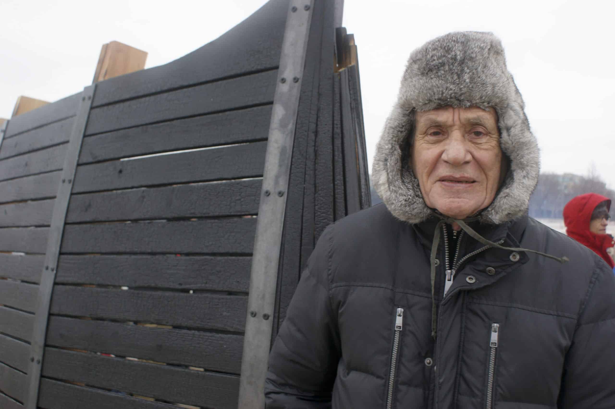 Architect Douglas Cardinal with "Fire Place" at the launch of Winter Stations earlier this year. 