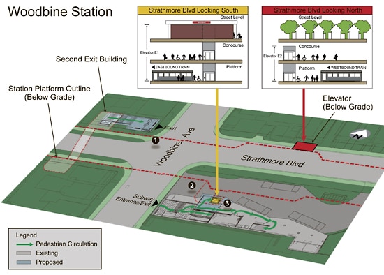 A map showing the second exit and elevators planned for Woodbine Station. PHOTO: Toronto Transit Commission