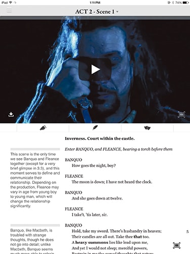 A screenshot shows Trevor Jablonowski in the Video Edition of MacBeth, part of the Shakespeare At Play app.