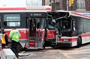 A TTC streetcar and bus collided Saturday morning at the intersection of Main Street and Danforth Avenue. PHOTO: John Hanley