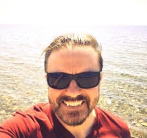 Ricky Gervais at the beach – yes, our beach – in May 2015.