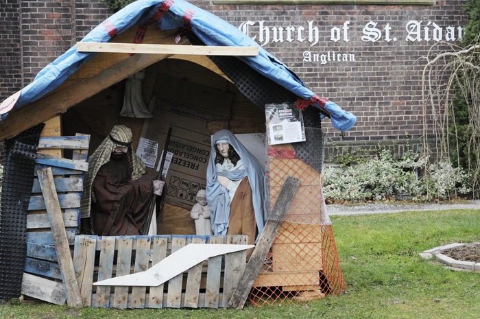 The nativity scene at St. Aidan’s is currently housed in a scrap material shack. As donations to the church youth group’s upcoming mission trip are raised, the shack will be upgraded; the idea mimics plans to upgrade housing for the poor in Nicaragua. PHOTO: Jon Muldoon