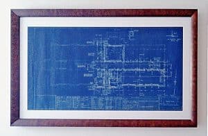 Leslieville Flea partners Brigid and author Chris Roberts took two very different approaches to presenting some old school blueprints bought from a vendor. Here, Brigid’s professionally framed and matted version.