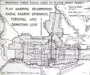 This plan from 1915 illustrates a history of uncompleted transit ideas in Toronto. A proposal for a subway running across the entire waterfront would have ended in the east by turning north up Coxwell, leading to Danforth. 