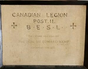 The cornerstone of 1927 for Canadian Legion Post 11 B.E.S.L. (British Empire Service League) on Coleman Avenue at Dawes Road. 