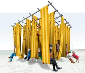 Sling Swing by UK-based WMB Studio is one of five installations to be built around lifeguard stands as part of the Winter Stations competition.